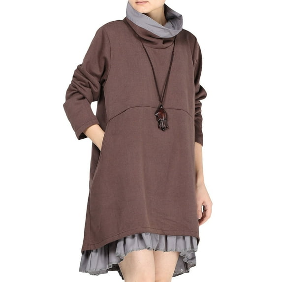 Women's Flared Layers Dress Hi-Low Ruffle Hem Tunic Top Coffee S