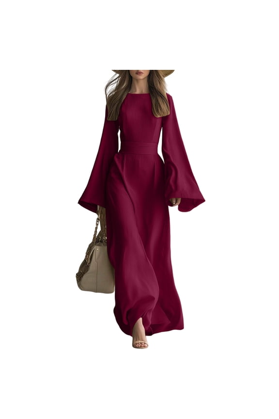 Women's Flared Long Sleeve Maxi Dress Ribbed Textured Crew Neck High Waisted A Line Flowy Long Dress formal Cocktail Wedding Guest Dress Wine