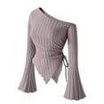 thumbnail image 1 of Women's Flared Long Sleeve Shirts Fall Fashion Off Shoulder Tops Asymmetrical Casual Knit Going Out Tee Shirts Drawstring Side, Women Fall Clothes, 1 of 4