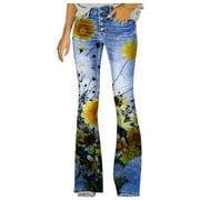 Women's Flared Pants Faux Denim Long Multiple Daisy Printed Casual Loose Pants Comfortable Micro Relaxed Fit Comfort Wear For Daily Styling