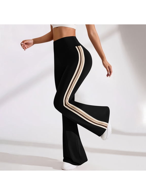 Women's Flared Yoga Pants with Side Striped, High Waisted Soft Stretchy Breathable Active Pants for Fitness Daily Wear Black XL