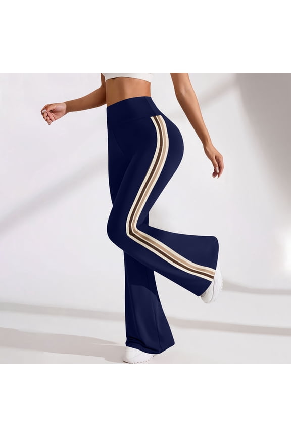 Women's Flared Yoga Pants with Side Striped, High Waisted Soft Stretchy Breathable Active Pants for Fitness Daily Wear Navy XL