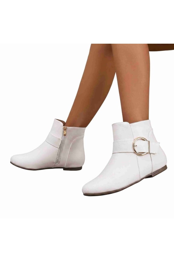 Women's Flat Ankle Boots, Round Toe Side Zipper Booties with Metal Buckle Detail Chelsea Boots