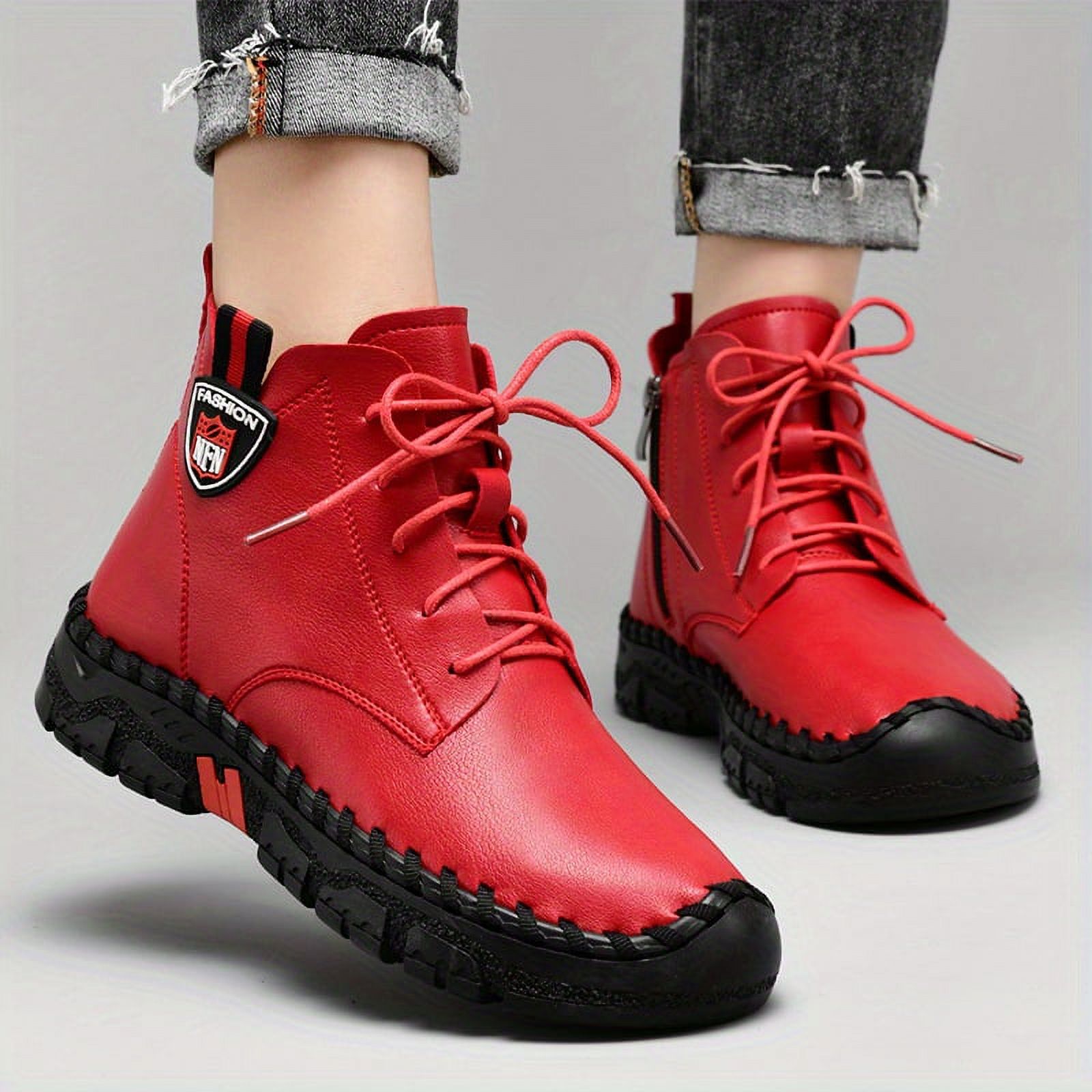 Women s Flat Ankle Boots Solid Color Lace Up High Top Sneakers Side Zipper Soft Sole Short Boots Walmart
