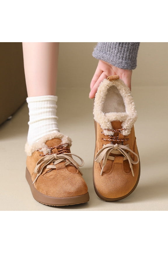 Women's Flat Bottomed Lace Up And Plush Shoes With Round Toe Lace Up Casual Warm Woolen Cotton Shoes