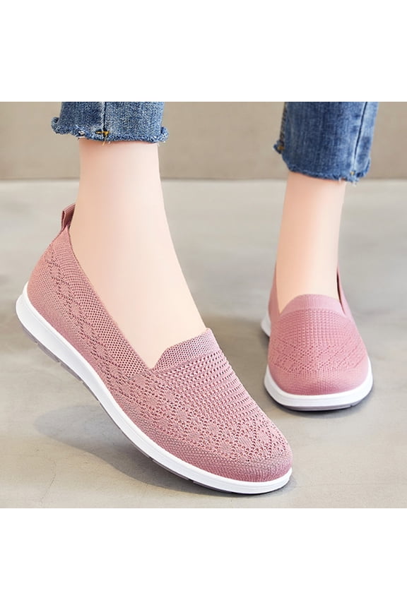 Women's Flat Breathable Fly Woven Mesh Sneakers,Casual Fashion Non-Slip Walking Shoes Comfortable Soft Sole Slip-on Loafers Tennis Shoes Pink Size 39