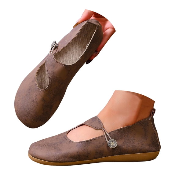 Women's Flat Casual Shoes Non Slip Wide Toe Box Ballet Flats Casual Slip On Low Top Barefoot Shoes with Fashion Button Brown Size 8.5