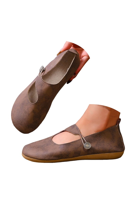 Women's Flat Casual Shoes Non Slip Wide Toe Box Ballet Flats Casual Slip On Low Top Barefoot Shoes with Fashion Button Brown Size 8
