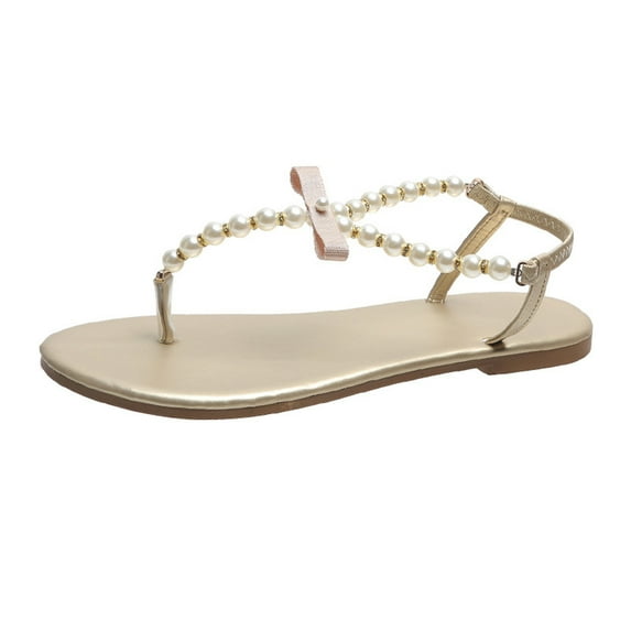 Women's Flat Flip-flop, Summer Beach Clip Toe Slipper, Pearl Beaded Bow Flat Sandals, Solid Color Flat Slippers, Adjustable Ankle Buckle Sandals Khaki 5.5