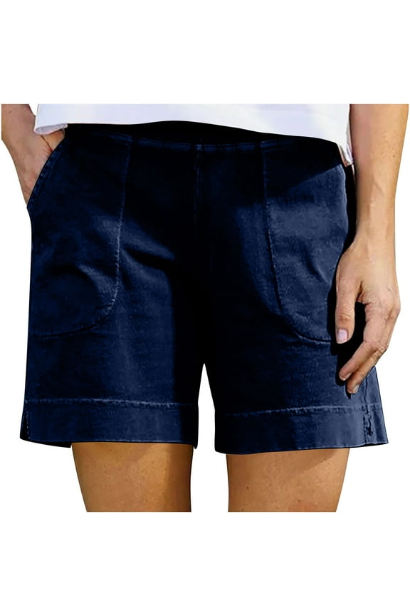 Women's Flat-Front Shorts with Pockets Stretch Cotton Linen Back Elastic Waist Bermuda Pull On Short Pant (2XL, Blue)