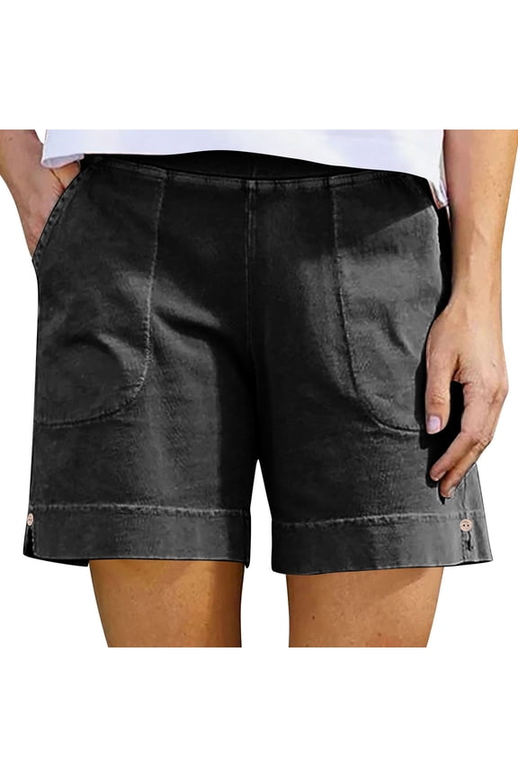 Women's Flat-Front Shorts with Pockets Stretch Cotton Linen Back Elastic Waist Bermuda Pull On Short Pant (2XL, Dark Gray)