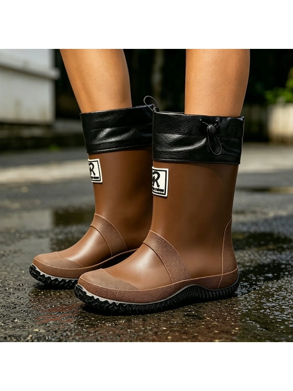 Women’s Flat Heel PVC Ankle Rain Boots, Waterproof Non-Slip Pull On Short Rubber Shoes for Gardening, Kitchen & Outdoor Work Use Brown 6-6.5