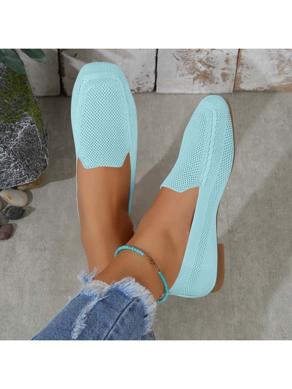 Women's Flat Loafers Square Toe Work Office Flats Shoes Comfortable Knit Slip On Penny Loafers for Women Soft Dress Ballet Flats Driving Walking Knitted Shoes
