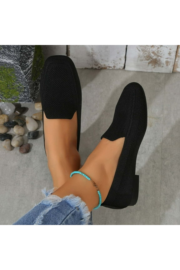 Women's Flat Loafers Square Toe Work Office Flats Shoes Comfortable Knit Slip On Penny Loafers for Women Soft Dress Ballet Flats Driving Walking Knitted Shoes
