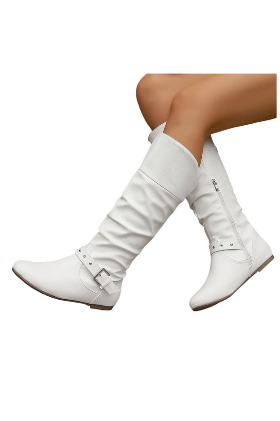 Women's Flat Mid Calf Boots Fashion Pointed Toe Leather Fold Over Booties Casual Knee High Riding Boots with Buckle Strap White Size 6