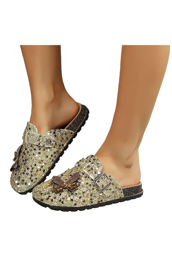 Women's Flat Mules Rhinestone Bow Cork Footbed Slides 2026 Comfortable Toe Slip on Ladies Clogs Half Slides Shoes Gold Size 7.5
