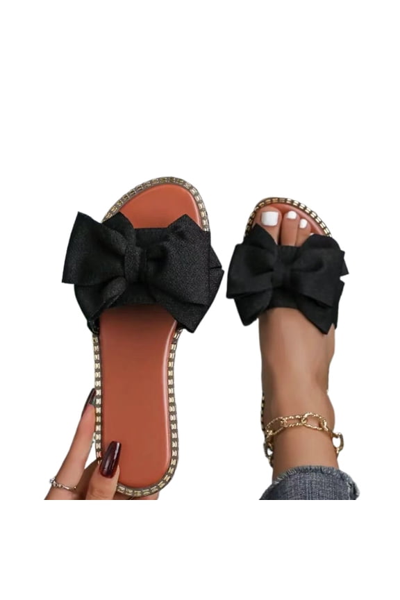 Women’s Flat Rhinestone Bow Slide Sandals – Open-Toe Casual Slip-On Mules