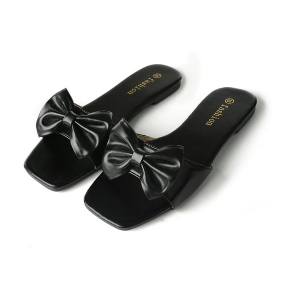 Women's Flat Sandal Slides Bow Knot Flat Slides Open Toe Slip On Square Head Casual Slides Flip-Flops Sandals Slippers With Low-Heel Shoes Summer(Black,8.5)