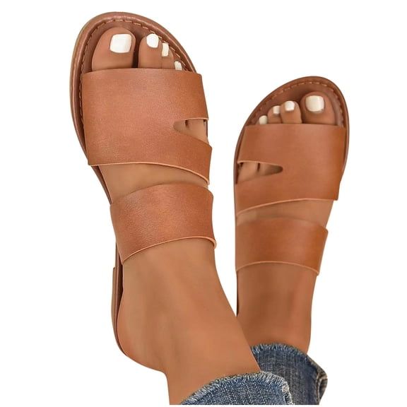 Women's Flat Sandals Comfortable Slip On Leather Two Strap Slide Sandals Soft Dressy Leather Slippers for Summer