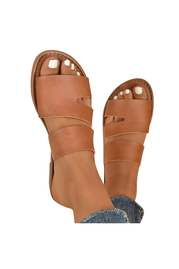 Women's Flat Sandals Comfortable Slip On Leather Two Strap Slide Sandals Soft Dressy Leather Slippers for Summer