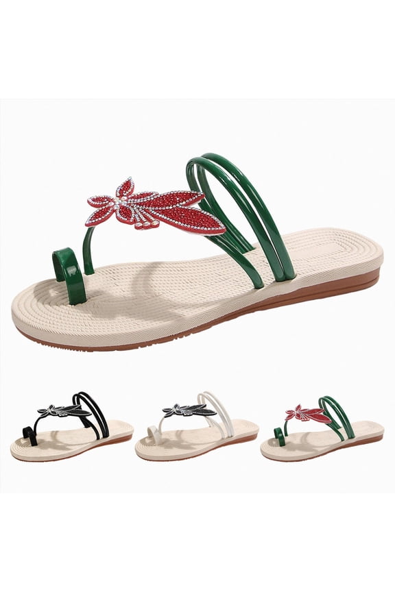 Women's Flat Sandals Dressy Butterfly Metallic Sparkly Rhinestone Slip on Strappy Toe Ring Slides Lightweight Daily Slippers Black Size 7.5