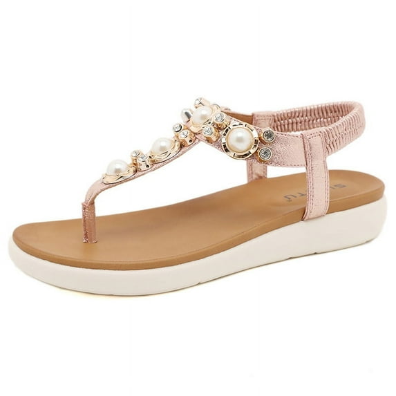 Women's Flat Sandals Dressy Summer Beach Shoes Casual Comfortable Boho Rhinestone Thong Flip-Flop Elastic Strappy