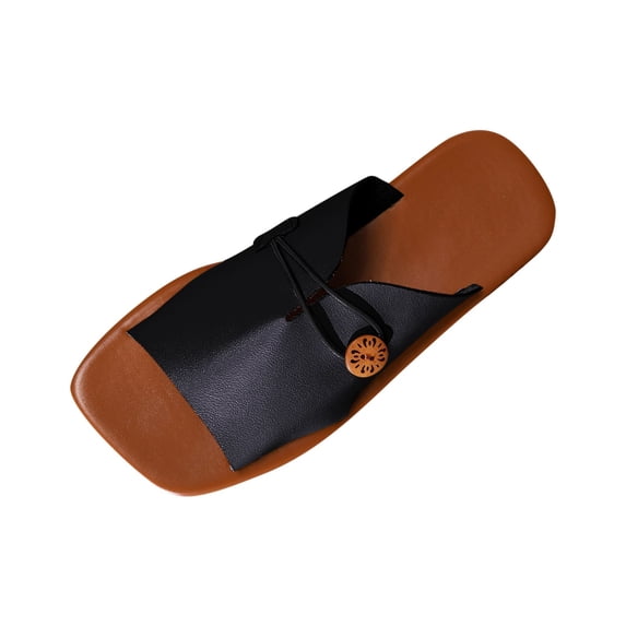 Women's Flat Sandals Dressy Summer Square Open Toe Slip On Leather Slide Sandals Black 8.5