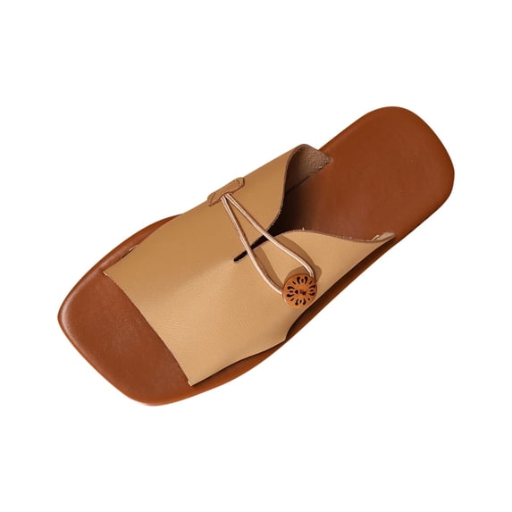 Women's Flat Sandals Dressy Summer Square Open Toe Slip On Leather Slide Sandals Brown 7
