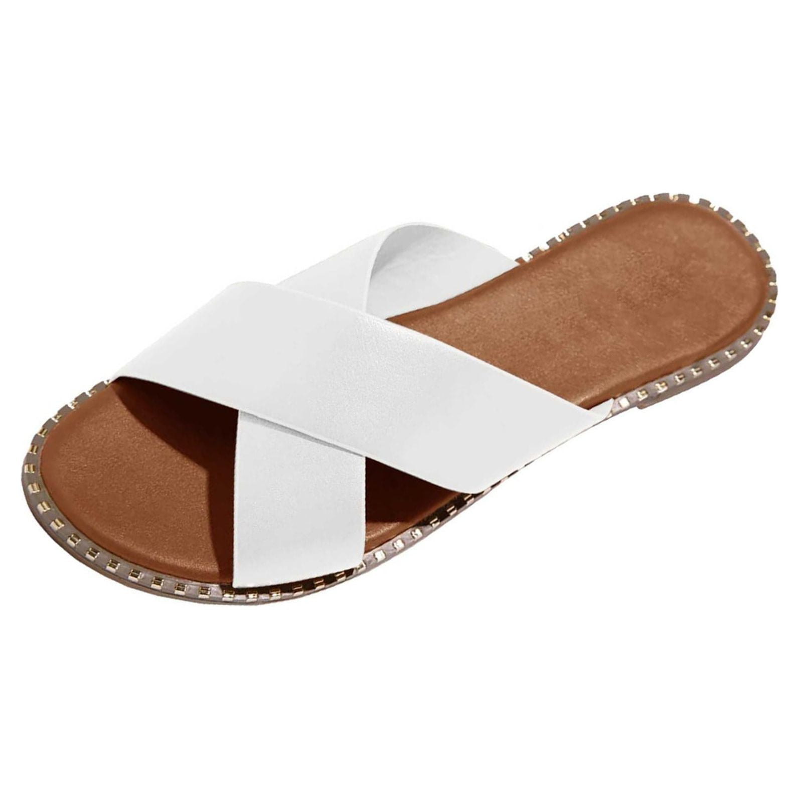 Women's Flat Sandals - Summer Slides With Soft Leather Look, White Size 10