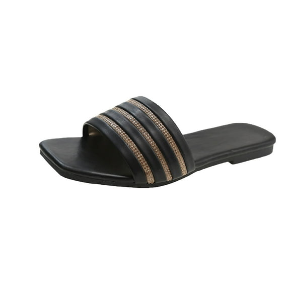Women's Flat Sandals Fashion Slides With Soft PU Leather Slippers for Summer Black 6