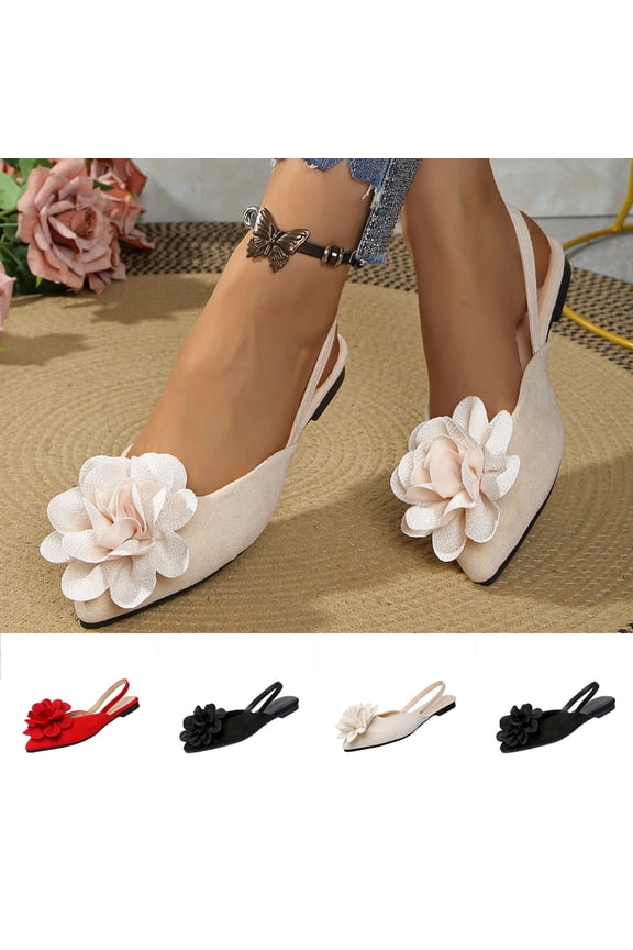 Women's Flat Sandals Floral Decor Pointed Toe Closed Toe Casual Summer Shoes with Elastic Slingback Strap Solid Color Comfortable Walking Sandals for Women Plus Size Available