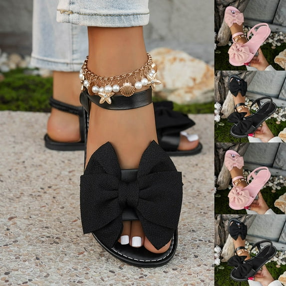 Women's Flat Sandals Open Toe Bow Decor Casual Summer Shoes with Slip-On Design Soft Cushioned Footbed Non Slip Comfortable Beach Sandals for Women