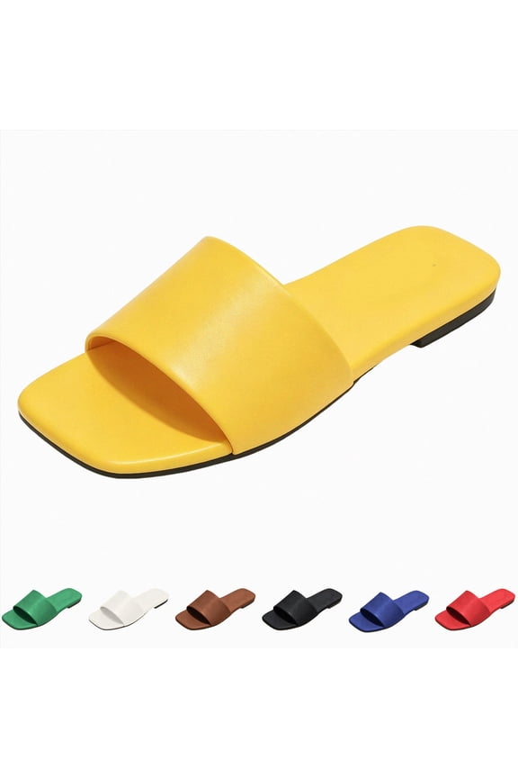 Women's Flat Sandals Open Toe Leather Classic Slides Non Slip Comfortable Low Block Heeled Slippers Walking Summer Lightweight Beach Shoes Black Size 6