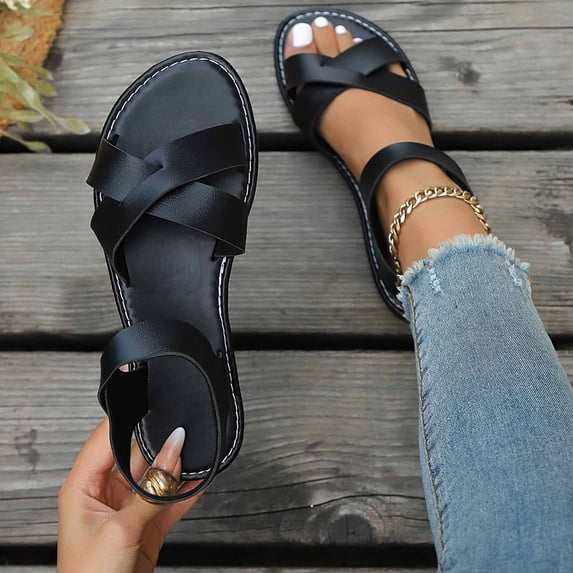 Women's Flat Sandals Plus Size Round Toe Open-Toe Cross Strap Shoes Outdoor Comfortable Summer Casual Sandals