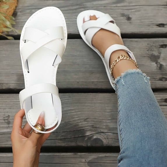 Women's Flat Sandals Plus Size Round Toe Open-Toe Cross Strap Shoes Outdoor Comfortable Summer Casual Sandals