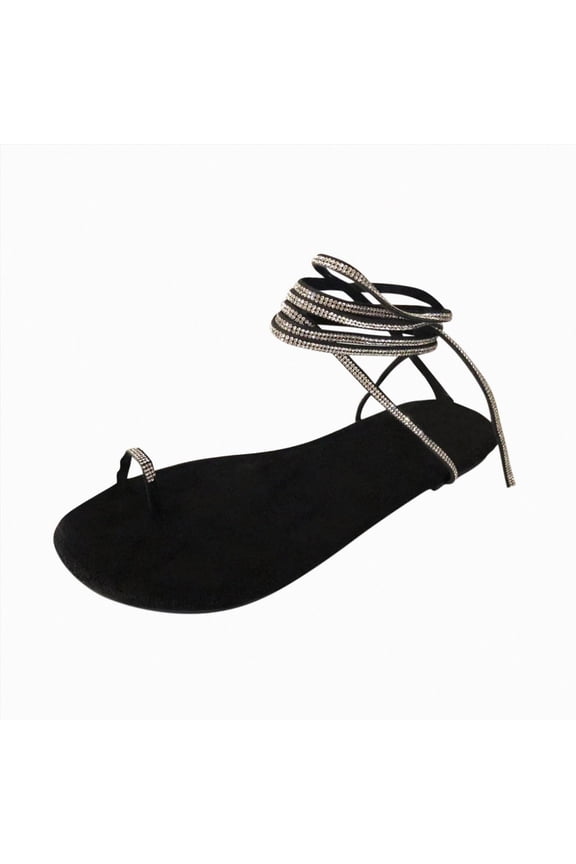 Women's Flat Sandals Rhinestone Gladiator Lace Up Sparkly Glitter Slip on Ankle Strap Open Toe Summer Party Prom Walking Beach Shoes Black Size 9