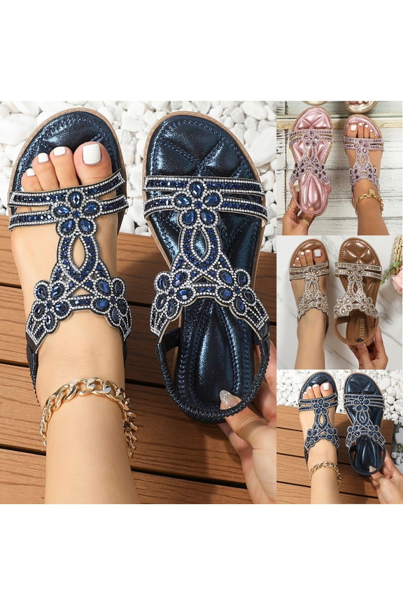 Women's Flat Sandals Rhinestones Buckle Elastic Ankle Strap Slip on Sparkling Bohemian Casual Summer Beach Shoes Pink Size 8.5
