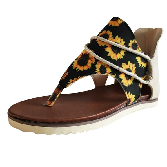 Women's Flat Sandals Sale Clearance Ladies Thong Flat Sandals Bohemian Beaded Strap Sandals Printed Zipper Leather Sandals US Size 3-7.5