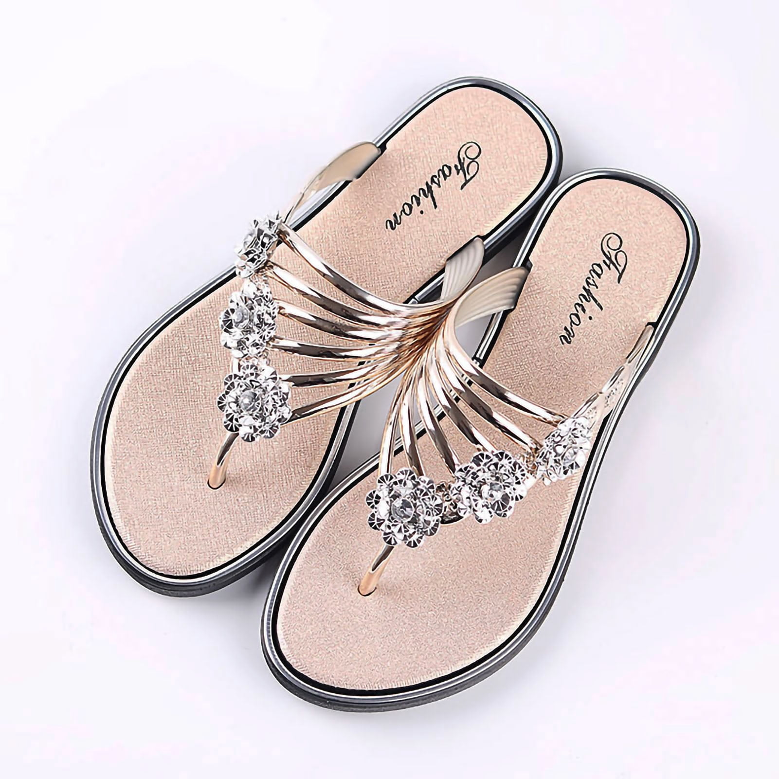 Women's Flat Sandals - Summer Casual, Slip-On Flip Flops, Lightweight for Walking, Champagne Gold, Size 40