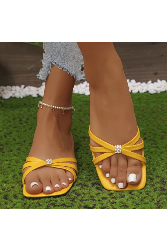 Women's Flat Sandals Summer Comfortable Square Open Toe Slip On Leather Slide Sandals Yellow 6.5