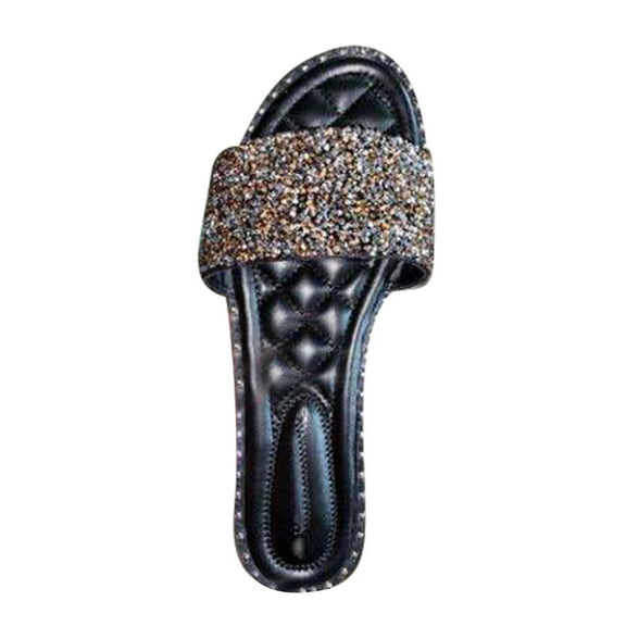 Women's Flat Sandals Summer Dressy Beach Slip on Sandals Casual Open Toe Rhinestone Glitter Bling Slide Slippers Black Women Sandal