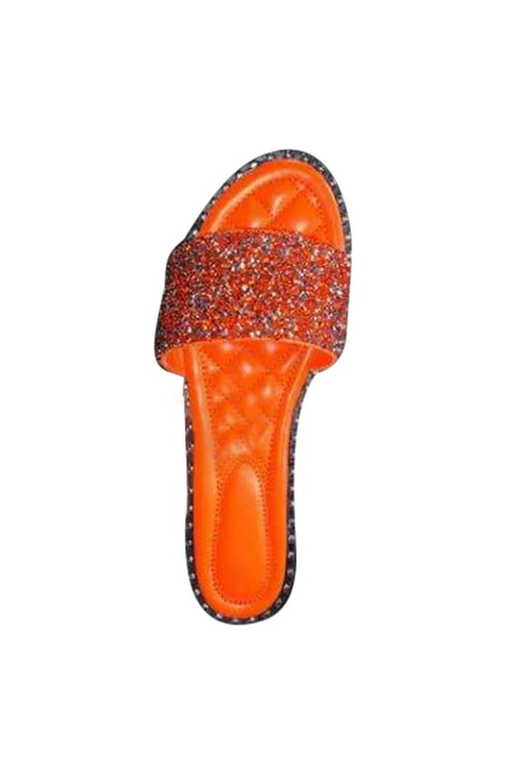 Women's Flat Sandals Summer Dressy Beach Slip on Sandals Casual Open Toe Rhinestone Glitter Bling Slide Slippers Orange Women Sandal