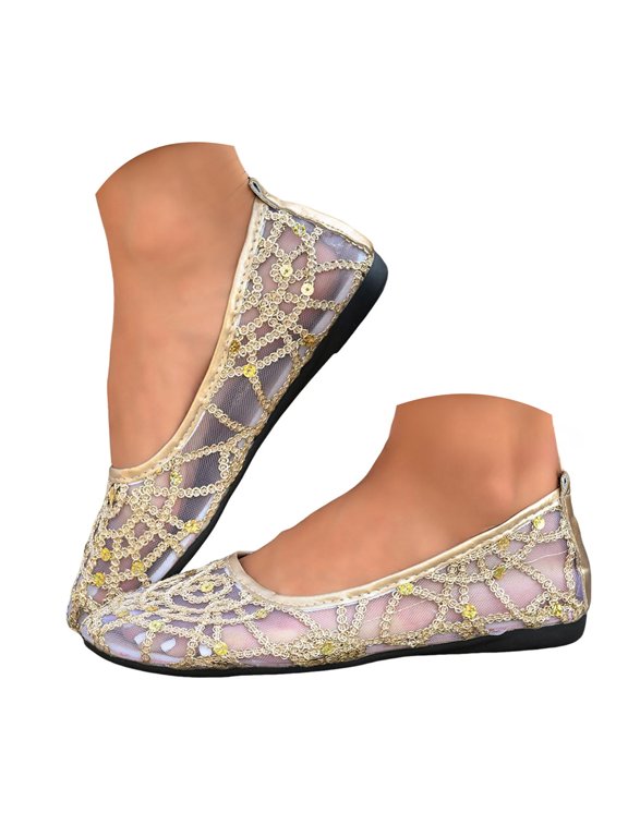 Women's Flat Shoes Sequin Lace Hollow out Wide Width Footwear Comfortable Casual Slip on Breathable Knitted Ballet Shoes Gold Size 7