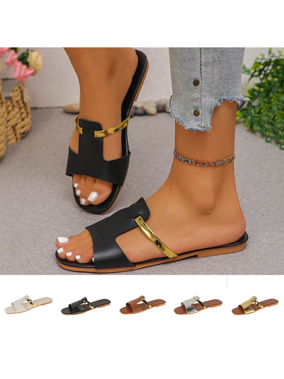 Women's Flat Slide Sandals Casual Spring Summer Beach Mules with Metallic Strap Solid Color Faux Leather Open Toe Comfortable Sandals with Wide Width Options for Daily Walking Outdoor Use