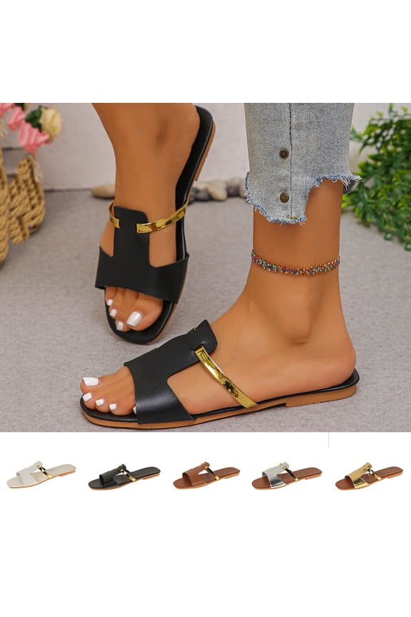 Women's Flat Slide Sandals Casual Spring Summer Beach Mules with Metallic Strap Solid Color Faux Leather Open Toe Comfortable Sandals with Wide Width Options for Daily Walking Outdoor Use