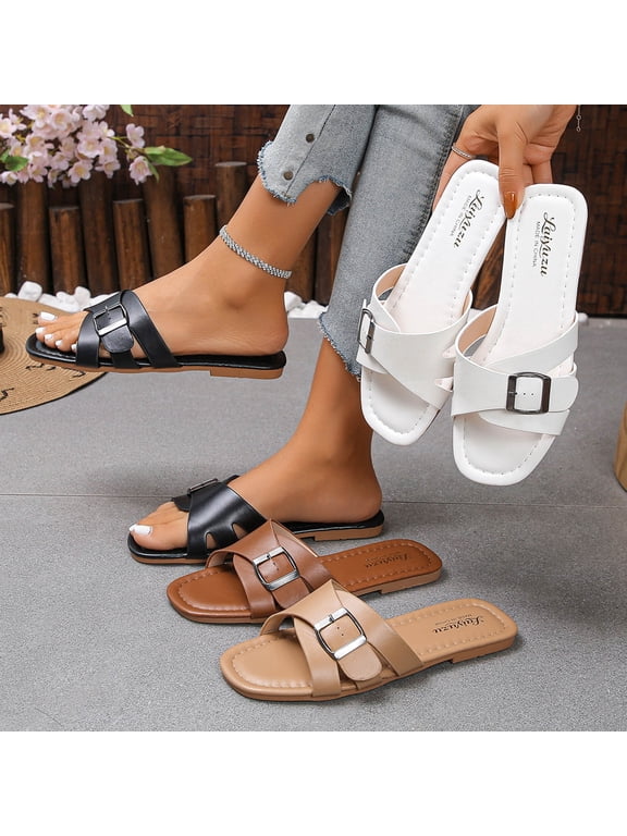 Women's Flat Slide Sandals Casual Spring Summer Roman Style Beach Mules with Buckle Strap Solid Color Faux Leather Open Toe Comfortable Sandals with Wide Width Options for Daily Walking Outdoor Use