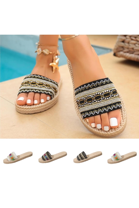 Women's Flat Slide Sandals Open Toe Boho Embroidered Casual Spring/Summer Shoes with Jute Sole Non Slip Comfortable Sandals for Women Plus Size Available