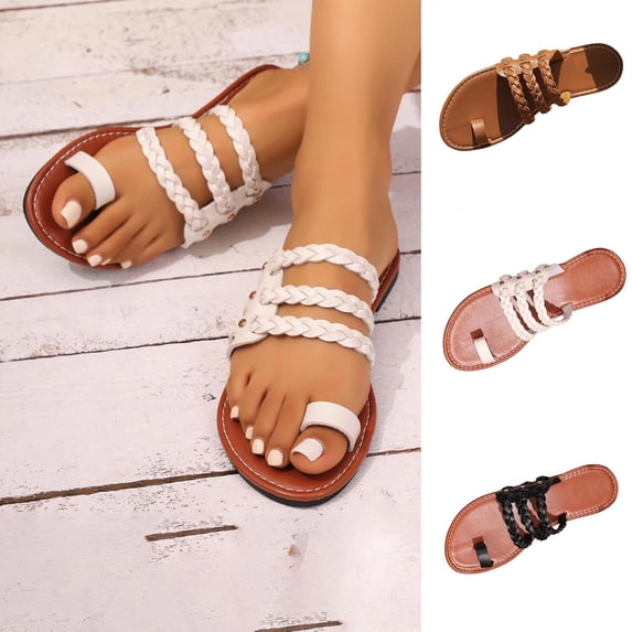 Women's Flat Slide Sandals Open Toe Braided Strap Casual Spring/Summer Shoes with Toe Loop Design Non Slip Lightweight Beach Sandals for Women