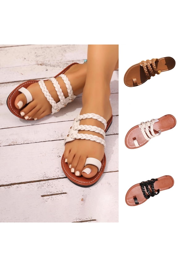 Women's Flat Slide Sandals Open Toe Braided Strap Casual Spring/Summer Shoes with Toe Loop Design Non Slip Lightweight Beach Sandals for Women