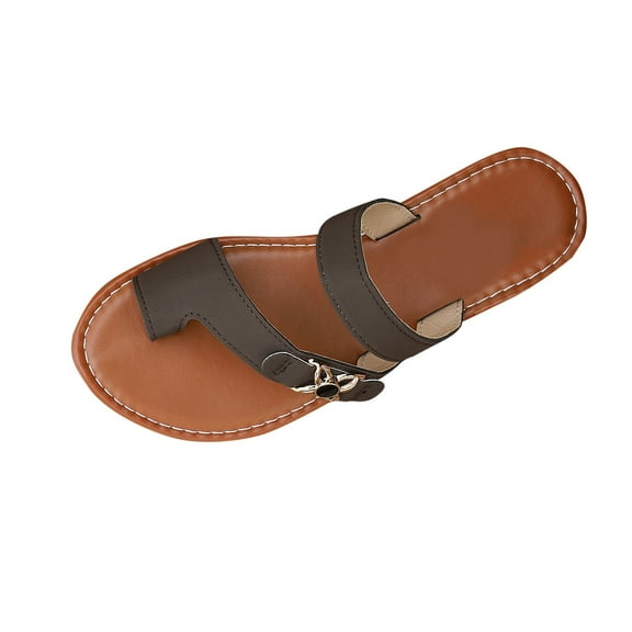 Women's Flat Slides Sandals, Summer Flip Flops Comfort Round Open Toe Slip On Strap Thong Beach Shoes for Women Brown Women Sandal